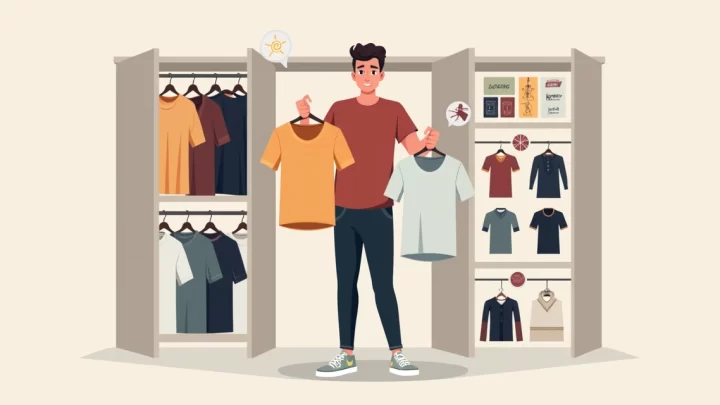 Homem escolhendo camisetas no guarda-roupa com guia visual de estilos