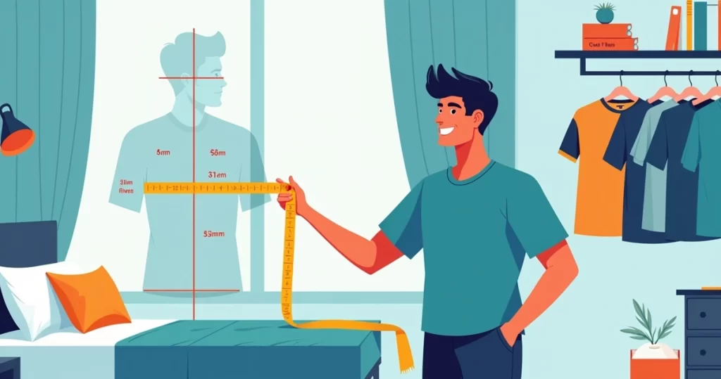 Homem medindo camiseta com fita métrica sobreposta ao próprio corpo