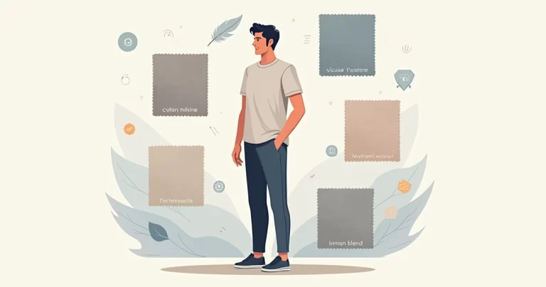 Homem usando camiseta minimalista cercado por amostras de tecidos modernos