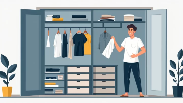 Homem organizando guarda-roupa com poucas peças básicas bem dobradas