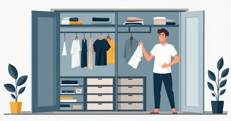 Homem organizando guarda-roupa com poucas peças básicas bem dobradas