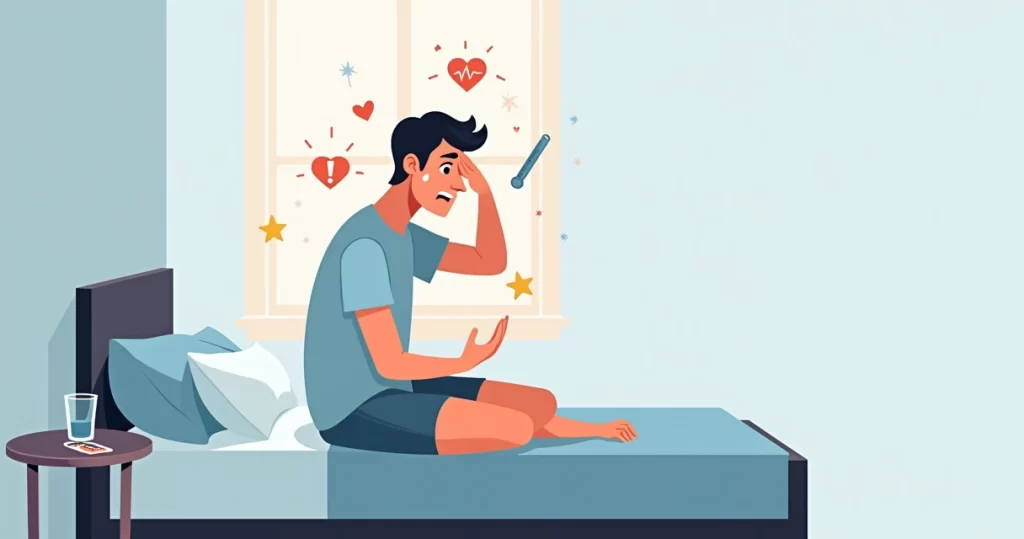 Homem sentado suando frio e preocupado segurando o peito