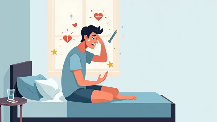 Homem sentado suando frio e preocupado segurando o peito