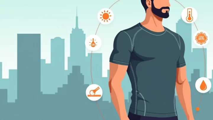 Homem usando tech t shirt masculina moderna com ícones de tecnologia em fundo urbano