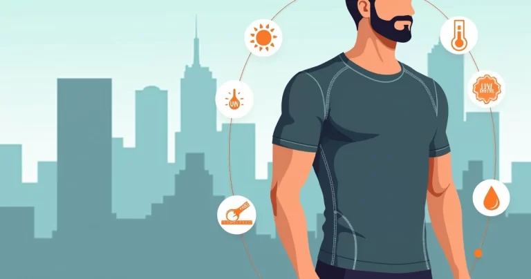 Homem usando tech t shirt masculina moderna com ícones de tecnologia em fundo urbano