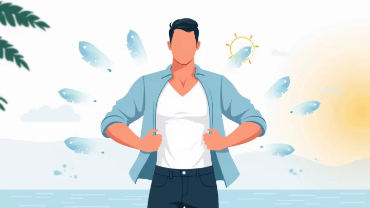 Homem usando undershirt tecnológica sob camisa social em ambiente urbano moderno