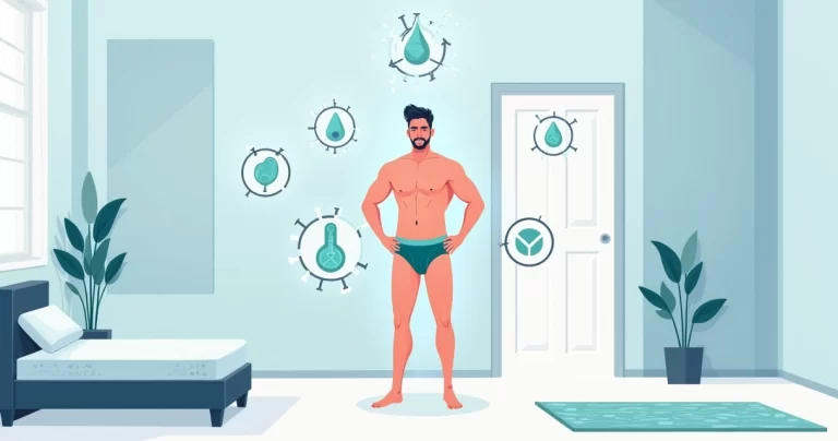 Ilustração de homem com cueca tecnológica antissuor rodeado por ícones de conforto e tecnologia têxtil