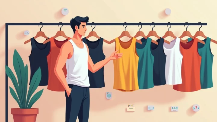 Homem escolhendo kit de regatas masculinas coloridas penduradas em arara