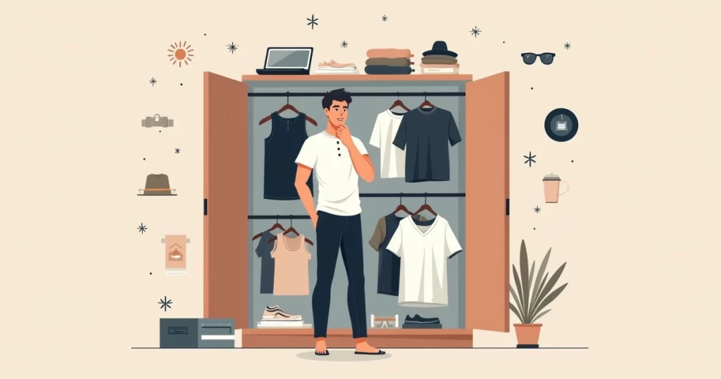 Homem escolhendo camisetas casuais em um guarda-roupa organizado