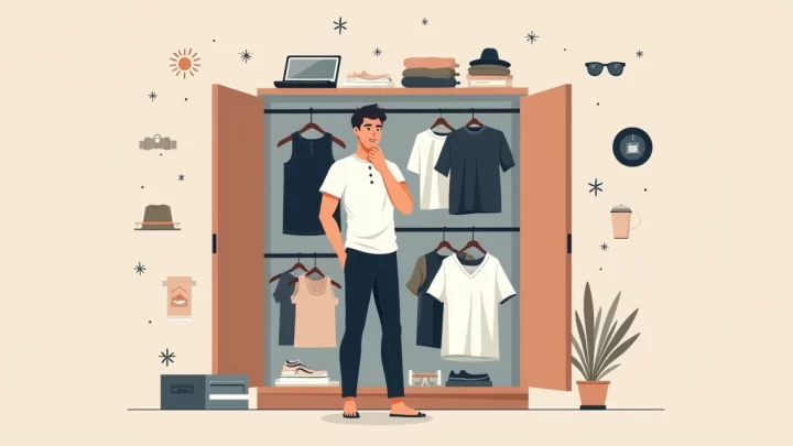 Homem escolhendo camisetas casuais em um guarda-roupa organizado