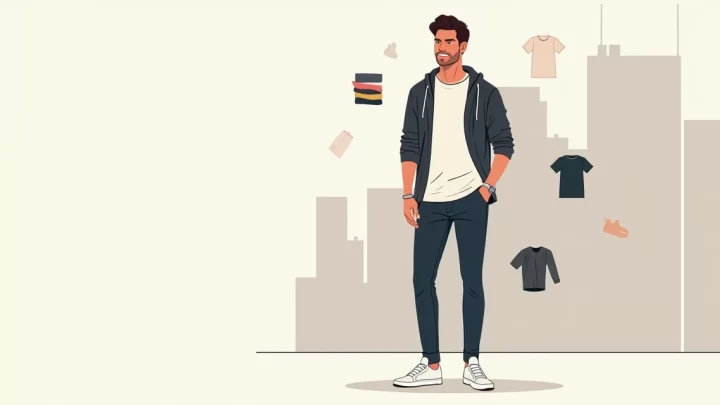 Homem usando look masculino básico e estiloso com sobreposição e cores sóbrias