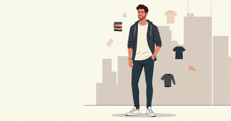 Homem usando look masculino básico e estiloso com sobreposição e cores sóbrias