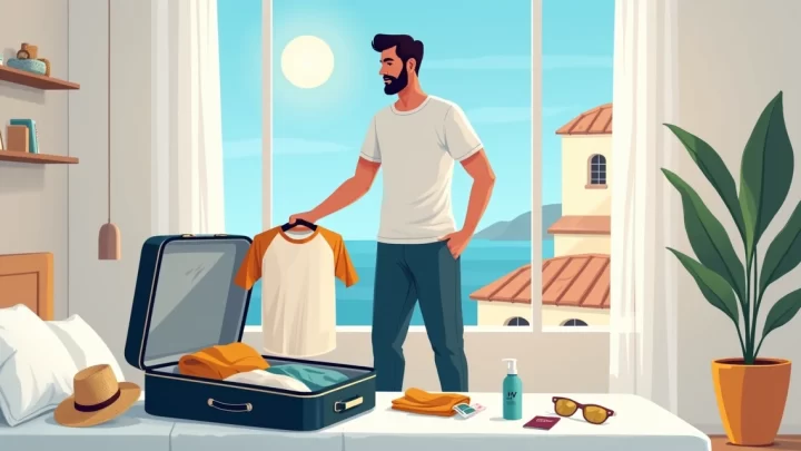 Homem arrumando mala de viagem de verão com roupas leves e coloridas
