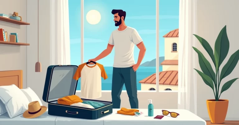 Homem arrumando mala de viagem de verão com roupas leves e coloridas