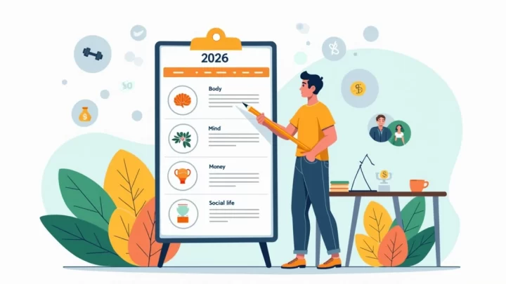 Ilustração de homem organizando metas de corpo mente dinheiro e vida social para 2026