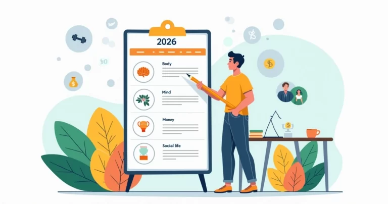 Ilustração de homem organizando metas de corpo mente dinheiro e vida social para 2026