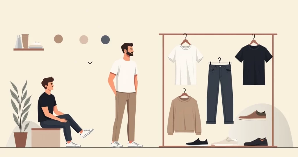 Homem usando look masculino básico e minimalista com camiseta lisa e calça neutra