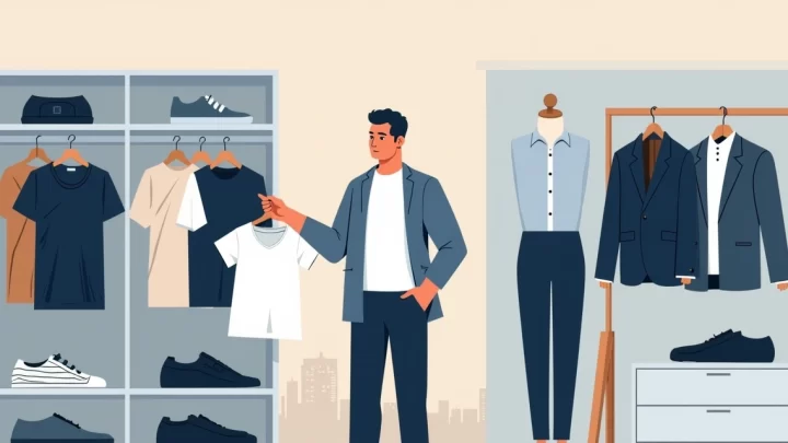 Homem comparando guarda-roupa de moda básica premium com ternos de alfaiataria sob medida