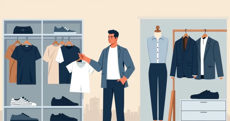 Homem comparando guarda-roupa de moda básica premium com ternos de alfaiataria sob medida