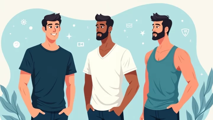 Ilustração de homens usando camisetas masculinas de poliéster em cores variadas