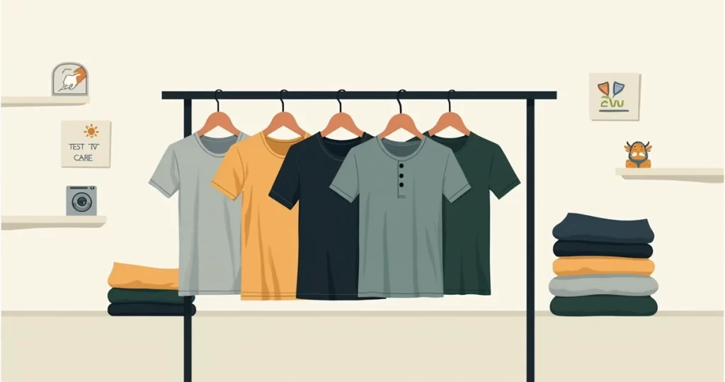 Camisetas masculinas minimalistas penduradas em cabides com destaque para qualidade e durabilidade
