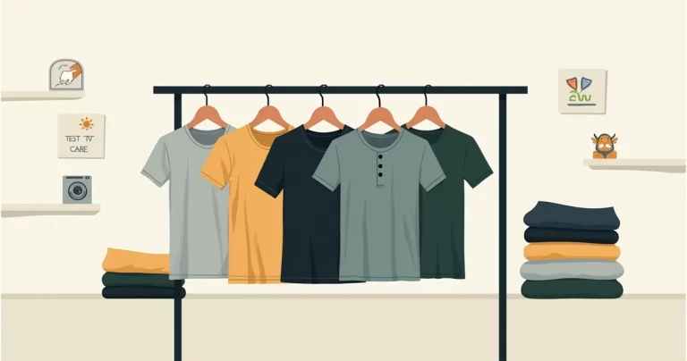 Camisetas masculinas minimalistas penduradas em cabides com destaque para qualidade e durabilidade