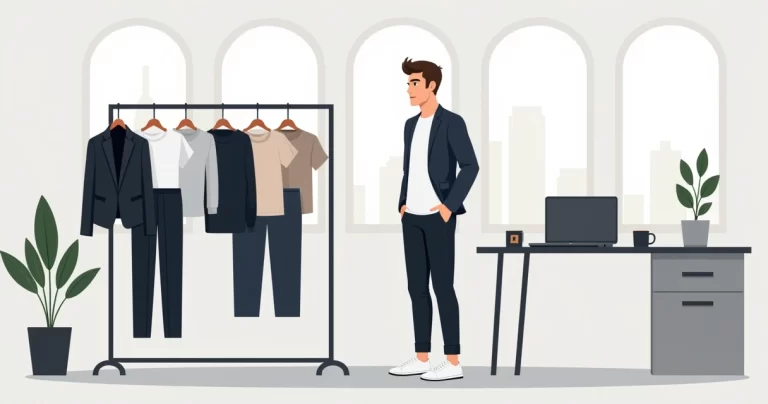 Homem em escritório usando look versátil com blazer camiseta e tênis brancos