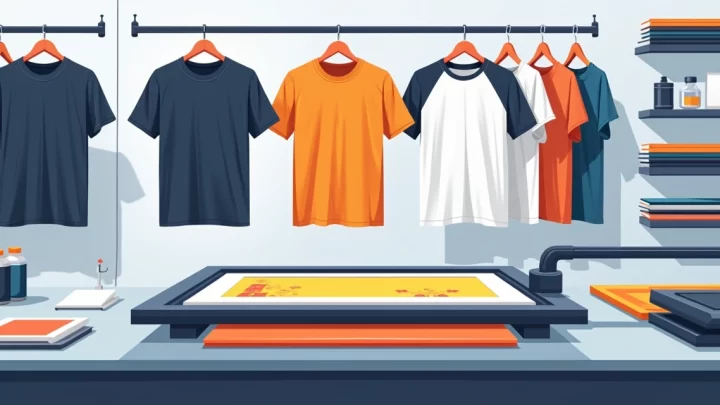 Ilustração de silk screen estampando camiseta masculina em estilo flat corporativo