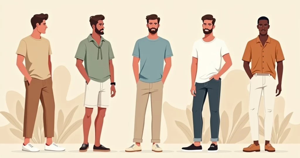 Ilustração de homens com diferentes looks seguindo tendências da moda masculina de verão