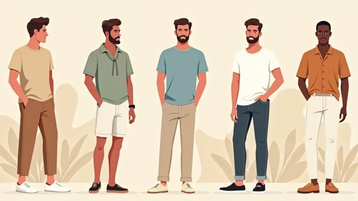 Ilustração de homens com diferentes looks seguindo tendências da moda masculina de verão