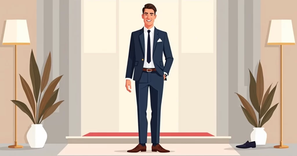 Homem usando traje passeio completo com terno azul marinho em evento elegante