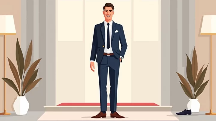 Homem usando traje passeio completo com terno azul marinho em evento elegante