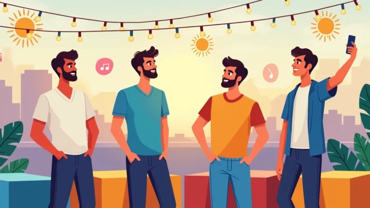 Jovens com camisetas estilosas em cidade colorida comemorando data juvenil