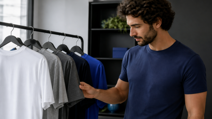 Homem adulto analisando opções de camisetas e caimento em ambiente urbano iluminado