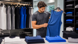 Homem avaliando modelos de regatas masculinas em ambiente de compra com peças organizadas em cabides e mesa