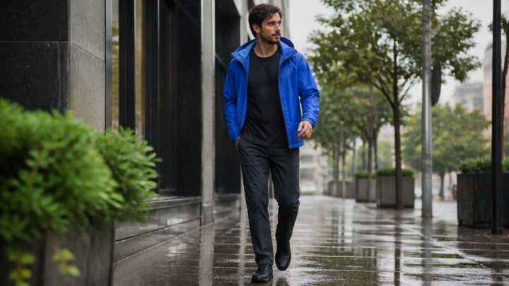 Homem com look masculino versátil para dia de chuva, usando sobreposição leve, calça reta e calçado fechado em calçada molhada