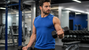 Homem treinando na academia com regata masculina de tecido leve e caimento confortável