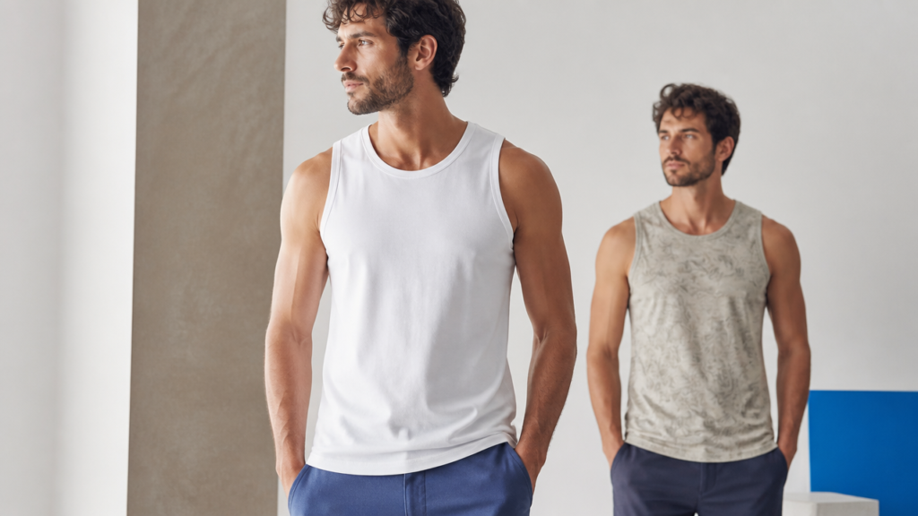 Homem usando regata branca masculina em ambiente clean, com foco em cores e estampas.