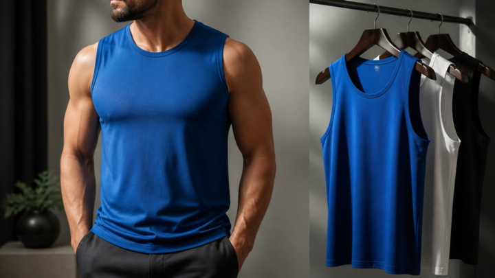 Homem usando regata masculina com caimento adequado em cena de estúdio