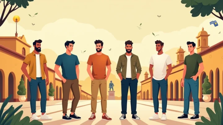 Homens com looks masculinos variados em praça histórica ao entardecer