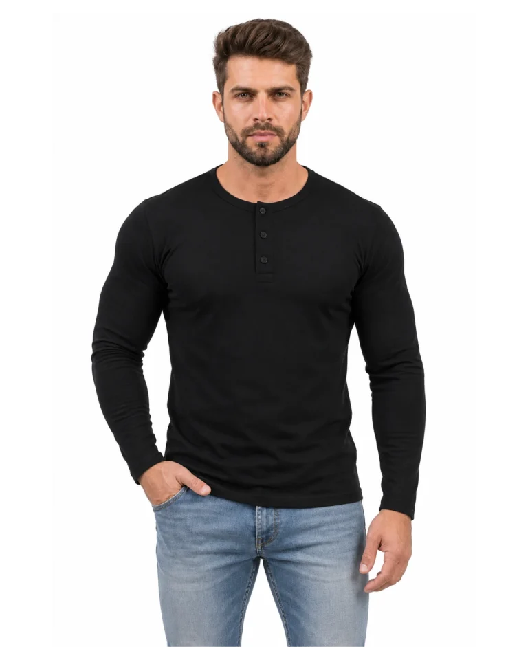 Camiseta Henley masculina Sjons de manga longa na cor preto, vista frontal.
