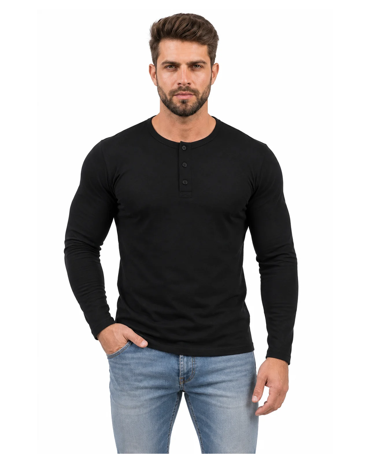 Camiseta Henley masculina Sjons de manga longa na cor preto, vista frontal.