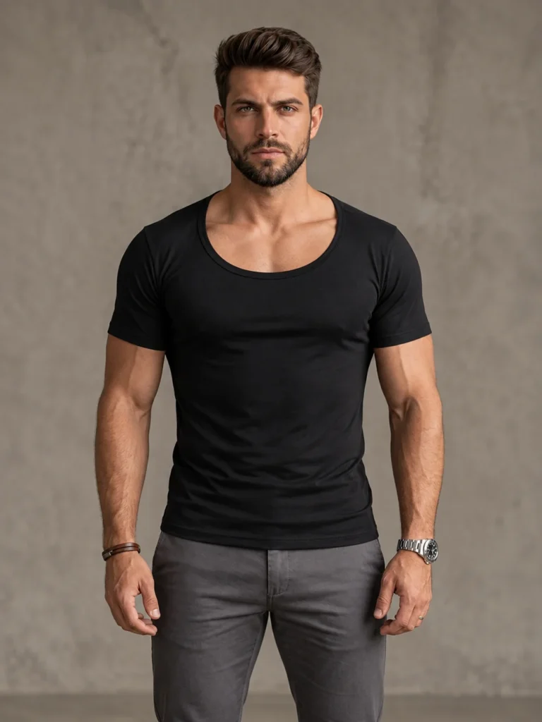 Modelo Caio usando camiseta Camiseta gola canoa preto da Sjons — frente