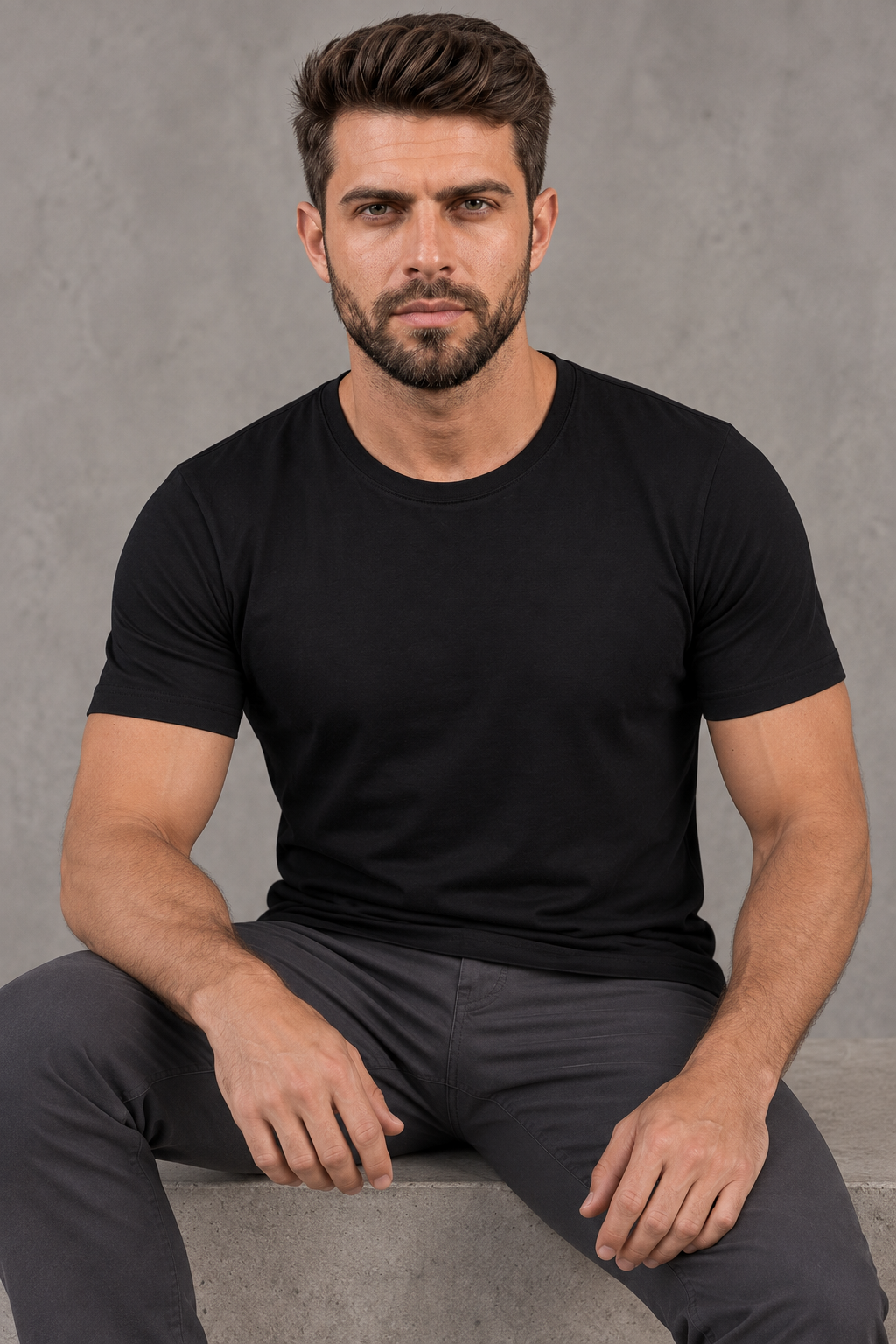 Modelo usando camiseta básica preta Sjons