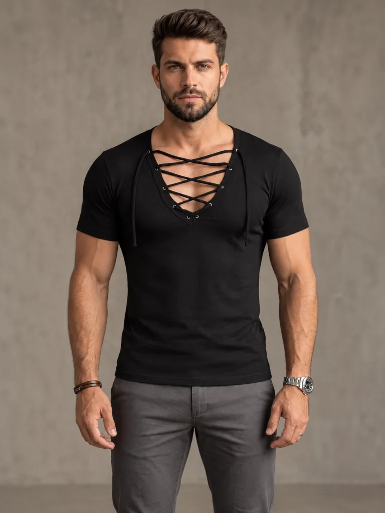 Modelo Caio usando camiseta Camiseta gola V com cordao preto da Sjons — frente