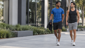 Dois homens mostram combinações de camiseta e regata para academia e lazer, com uma jaqueta leve