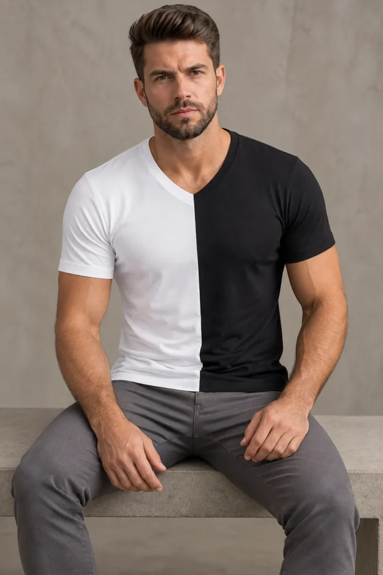 Modelo Caio usando camiseta Camiseta gola V duas cores branco-preto da Sjons — sentado