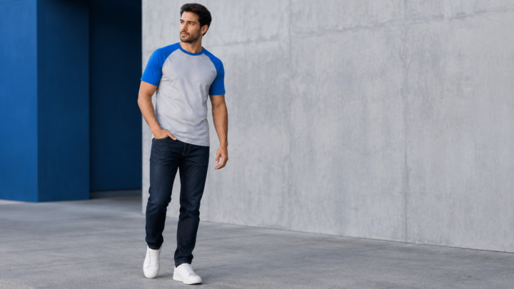 Homem adulto usando camiseta raglan com jeans em um visual casual cotidiano