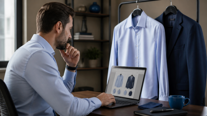 Homem analisando compra de roupa social online com camisa e blazer ao lado