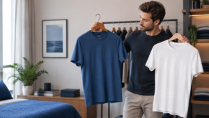 Homem comparando camisetas de caimento regular e ajustado para escolher uma peça adequada a diferentes ocasiões